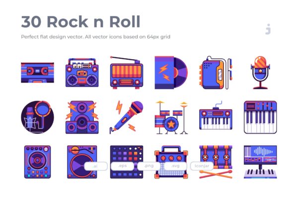 30枚摇滚音乐主题扁平化图标 30 Rock n Roll Icons – Flat缩略图 30枚摇滚音乐主题扁平化图标 30 Rock n Roll Icons – Flat