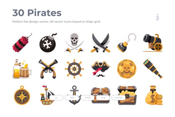 30枚海盗主题扁平化图标 30 Pirates Icons – Flat缩略图 30枚海盗主题扁平化图标 30 Pirates Icons – Flat