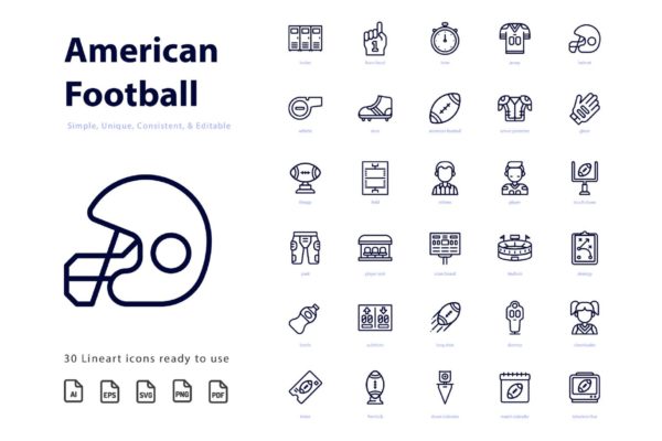 体育运动-美式足球橄榄球主题线性图标 American Football (Line)缩略图 体育运动-美式足球橄榄球主题线性图标 American Football (Line)