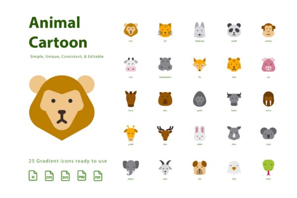 动物卡通形象填充扁平设计风格图标素材 Animal Cartoon (Flat)缩略图 动物卡通形象填充扁平设计风格图标素材 Animal Cartoon (Flat)
