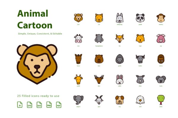 动物卡通形象填充图标素材 Animal Cartoon (Filled)缩略图 动物卡通形象填充图标素材 Animal Cartoon (Filled)
