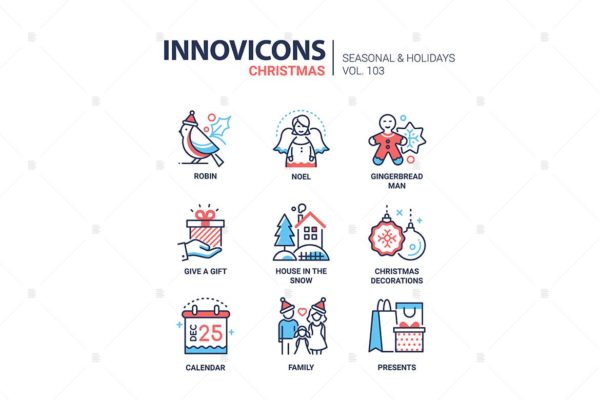 圣诞符号扁平设计风格线性图标素材v2 Christmas symbols line design style icons set