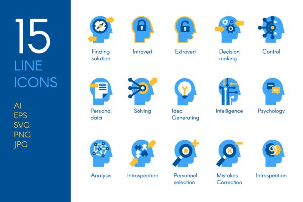 15枚大脑处理概念线性图标 Brain Processes Icons Set