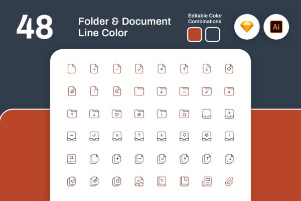 48枚文件夹&文档彩色线性矢量图标 Folder and Document Line Color