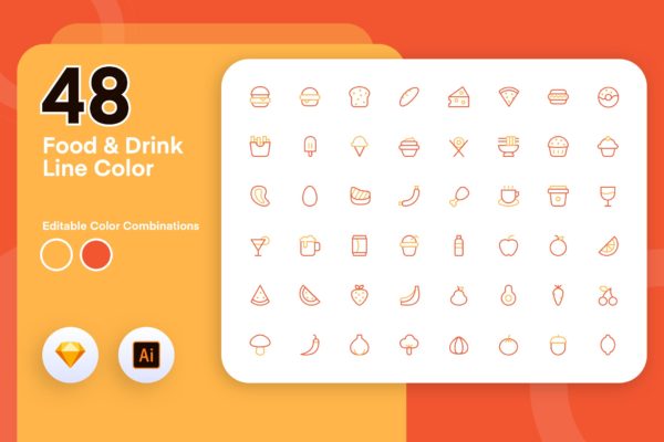 48枚食物&饮料彩色线性矢量图标 Food & Drink Line Color缩略图 48枚食物&饮料彩色线性矢量图标 Food & Drink Line Color