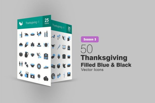 50枚感恩节主题蓝黑配色矢量填充图标 50 Thanksgiving Filled Blue & Black Icons