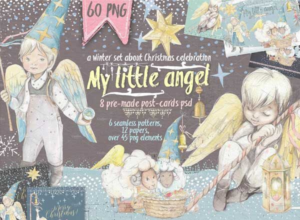圣诞节日素材-手绘水彩天使素材包 “Little angel”[1.33GB, 贺卡模板+无缝纹理+Page+元素]