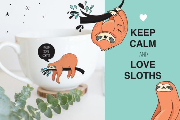 可爱的树懒图标、卡片、图案 Cute sloths icons, cards, patterns
