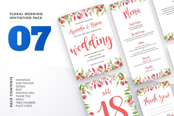 花卉配饰婚礼邀请物料设计模板合集 Floral Wedding Invitation Set Vol.7