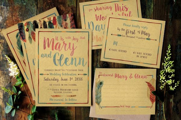 羽毛水彩婚纱邀请卡模板 Feather Watercolor Wedding Suite