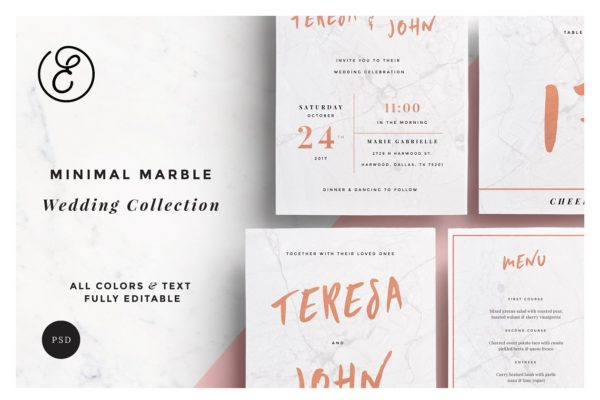 精致简约大理石背景婚礼设计物料模板 Minimal Marble Wedding Collection