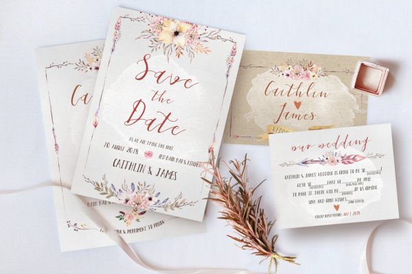 波希米亚水彩花卉婚礼设计物料模板 Boho Flower Wedding Suite