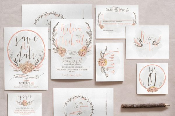 水彩花环花卉婚礼邀请物料模板 Wreath & Flower Wedding Suite