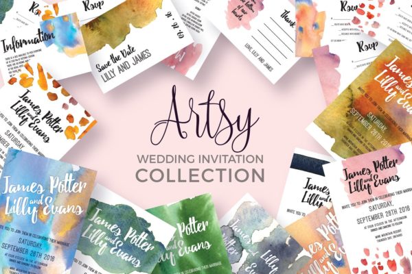 水彩纹理背景婚礼设计套件合集 Artsy Wedding Invitation Collection