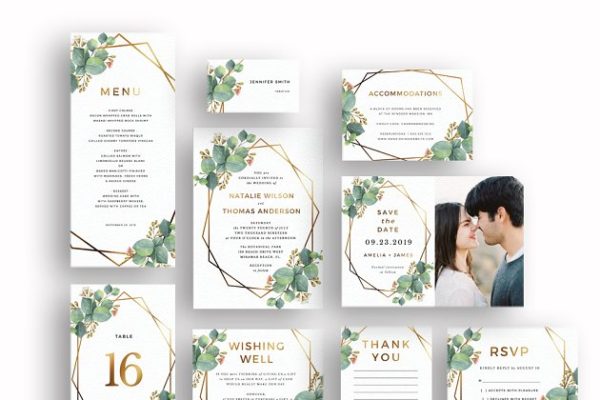 黄金比例设计婚礼邀请物料设计模板 Eucalyptus Gold Geometric Frame