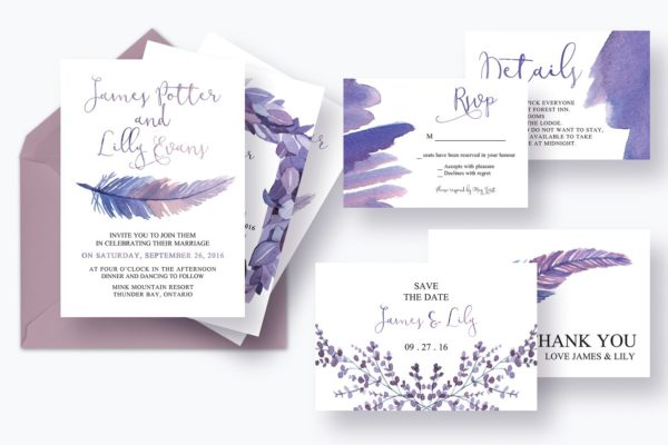 神话羽毛婚礼水彩设计套件 Mythical Feathers Wedding Suite