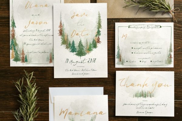 水彩森林背景婚礼设计物料模板 Watercolor Forest Wedding Suite