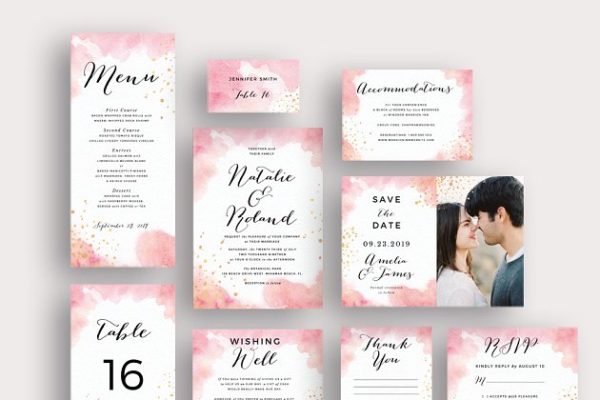 桃红色水彩婚礼邀请物料设计套装 Peach Watercolor Gold Splashes