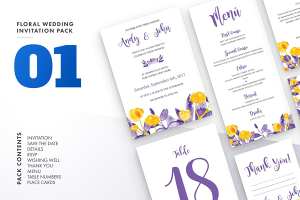 多彩花卉婚礼邀请函设计套装v1 Floral Wedding Invitation Set Vol.1