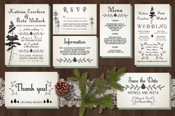 复古简约风松树图案装饰婚礼邀请函设计套装 Pine Tree Wedding Invitation Suite