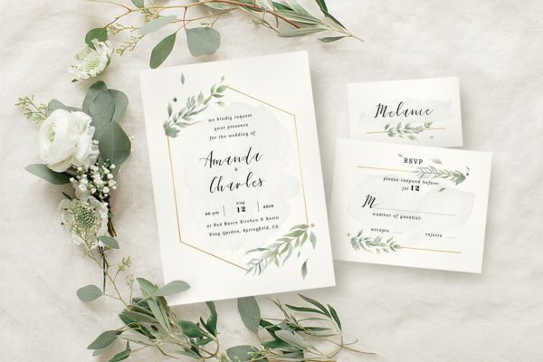 黄金几何线条水彩风婚礼邀请函设计套件 Modern Gold Foliage Wedding Suite