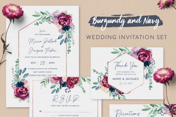 紫红色&海军蓝水彩花卉婚礼邀请函设计模板 Wedding Invitation Set – Burgundy & Navy缩略图 紫红色&海军蓝水彩花卉婚礼邀请函设计模板 Wedding Invitation Set – Burgundy & Navy