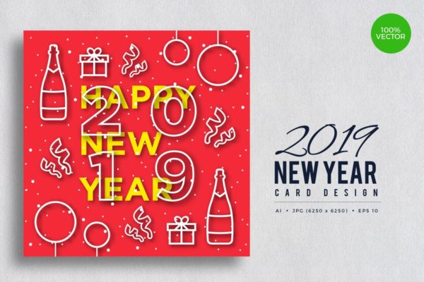 线条图形插画2019年新年贺卡设计模板v5 Happy New Year 2019 Vector Card Vol.6