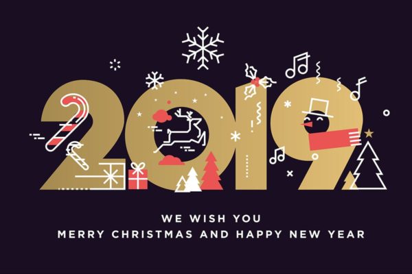 圣诞节&2019新年创意数字贺卡海报设计模板 Merry Christmas and Happy New Year 2019