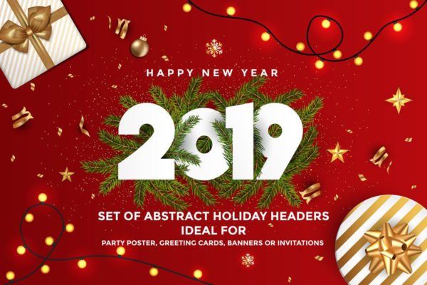 2019年新年猪年大红色贺卡设计模板 Happy New Year 2019 Greeting Cards
