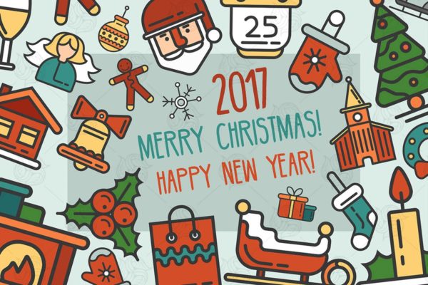 圣诞节&新年主题扁平风明信片贺卡设计模板 Merry Christmas & Happy New Year Postcard