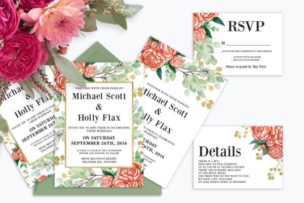 夏日水彩花卉婚礼邀请函套装 Summer Watercolor Wedding Suite