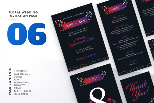 暗夜色调婚礼邀请函设计模板v6 Floral Wedding Invitation Set Vol.6