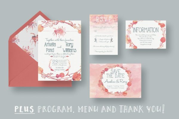 朱砂红水彩花卉压纹纸张婚礼邀请函设计模板 Watercolour Wedding Suite 2.0缩略图 朱砂红水彩花卉压纹纸张婚礼邀请函设计模板 Watercolour Wedding Suite 2.0