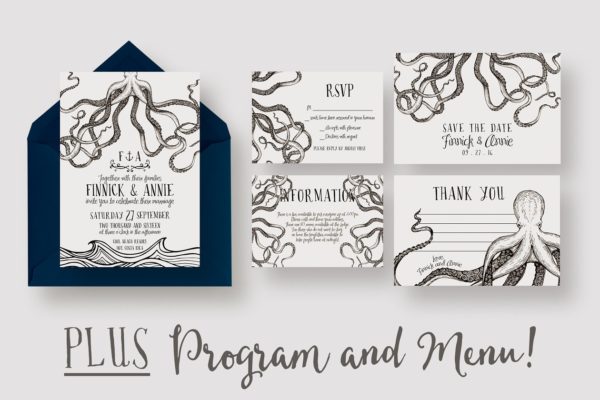 章鱼脚边框婚礼邀请函设计套装 Octopus Wedding Invitation Suite缩略图 章鱼脚边框婚礼邀请函设计套装 Octopus Wedding Invitation Suite