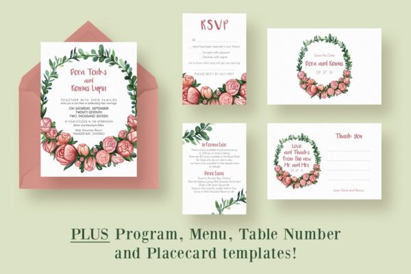 花卉元素婚礼邀请函模板设计套装 Flower Wreath Wedding Suite