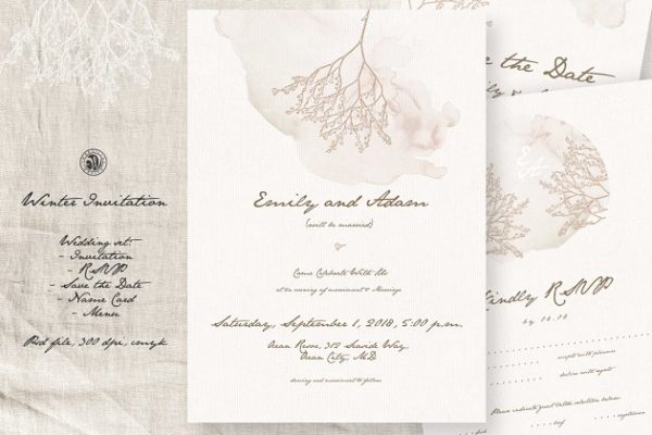 冬季婚礼邀请函设计模板套装 Winter Wedding Invitation