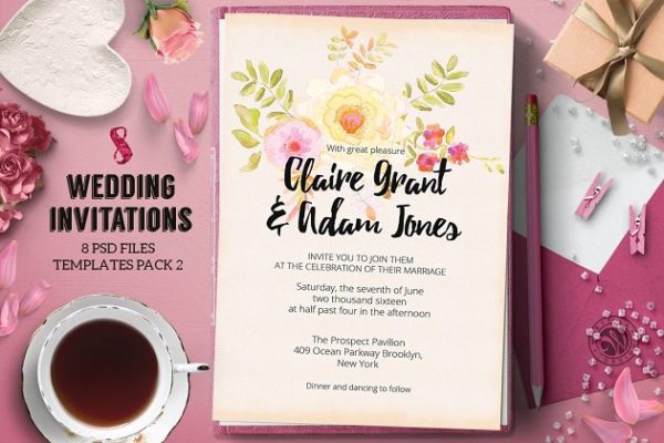 8款粉色少女元素婚礼邀请函模板 8 Wedding Invitations Pack 2
