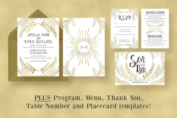 金色色调婚礼邀请函设计模板套装 Gold Wedding Invitation Suite