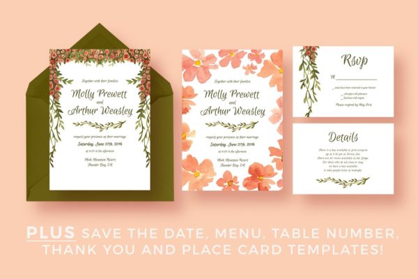 粉红少女花卉元素婚礼邀请函设计模板套装 Floral Garland Wedding Suite缩略图 粉红少女花卉元素婚礼邀请函设计模板套装 Floral Garland Wedding Suite