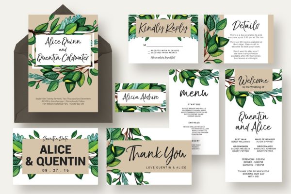 绿枝婚礼邀请函设计模板套装 Greenery Branch Wedding Suite