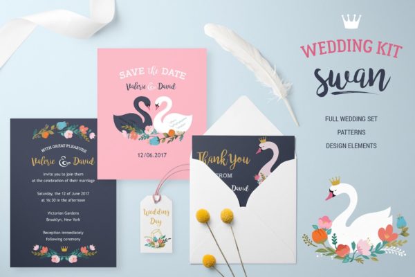 天鹅湖婚礼邀请函设计模板 Wedding set with Swan lake theme