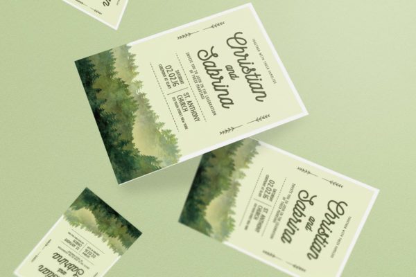 水彩绿色森林主题婚礼邀请函设计模板 Watercolor Forest Wedding Invitation