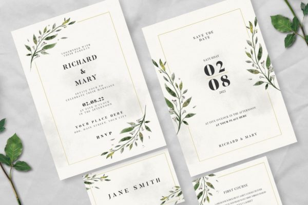 水彩叶子婚礼邀请函设计套装 Watercolor Leaf Wedding Invitation Suite