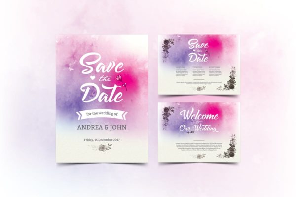 水彩元素婚礼邀请函设计模板 Watercolor Wedding Invitation