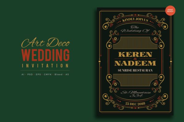 艺术装饰婚礼邀请函PSD设计模板v9 Art Deco Wedding Invitation PSD And Vector Vol.9