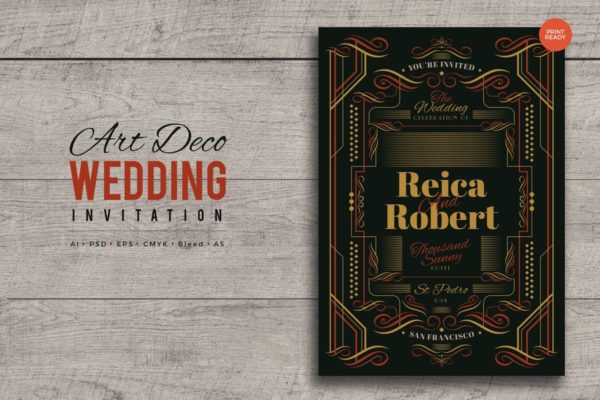 复古装饰风格特点婚礼邀请函PSD模板v10 Art Deco Wedding Invitation PSD And Vector Vol.10