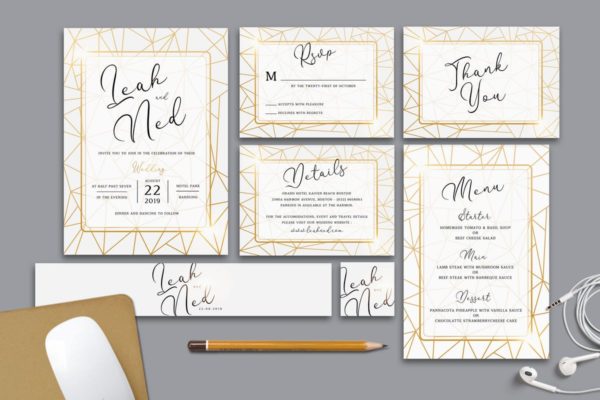 金色几何图形婚礼邀请函套装 Geometric Wedding Invitation