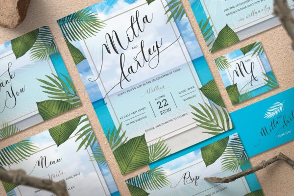 海滩婚礼邀请函设计模板素材套件 Beach Wedding Invitation Set