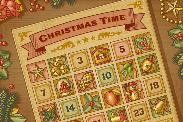 复古木刻风格圣诞节主题日历设计模板 Vintage Christmas Advent Calendar