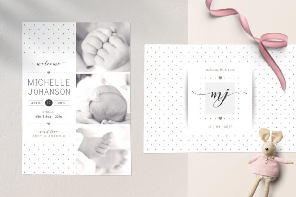 婴儿宝宝满月酒邀请函设计模板 Baby Birth Announcement Card